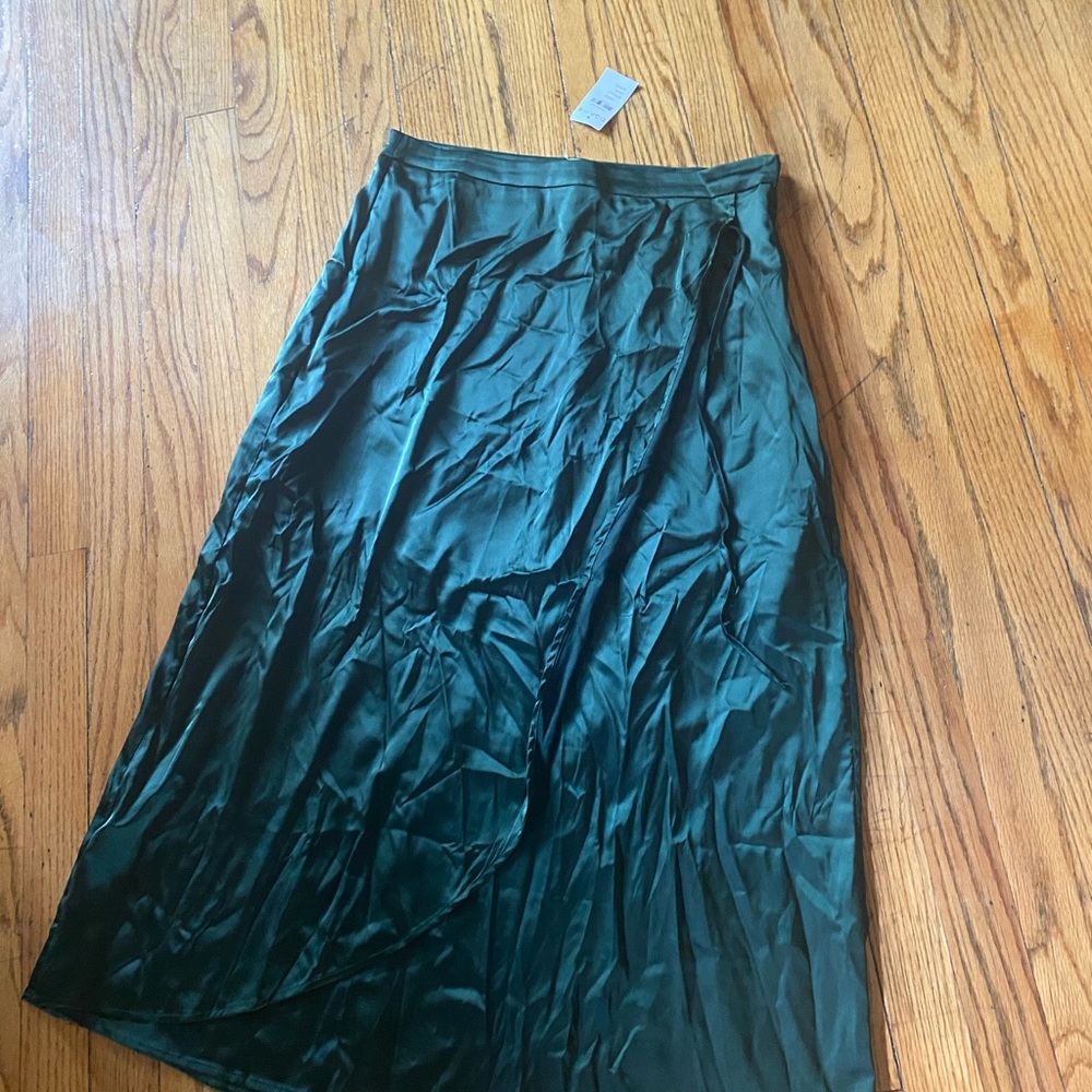 Green satin faux wrap skirt
